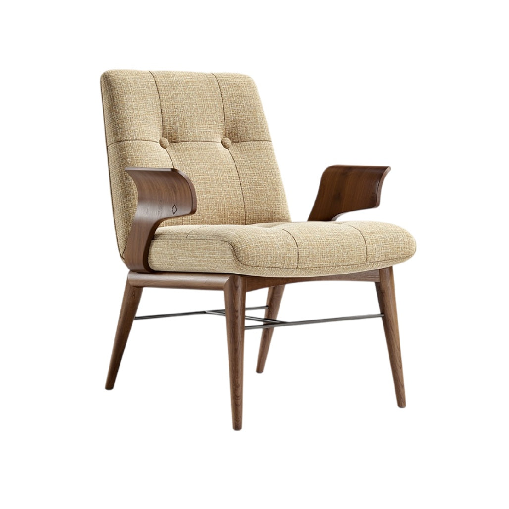 **Fauteuil moderne en tissu beige avec accoudoirs en bois**