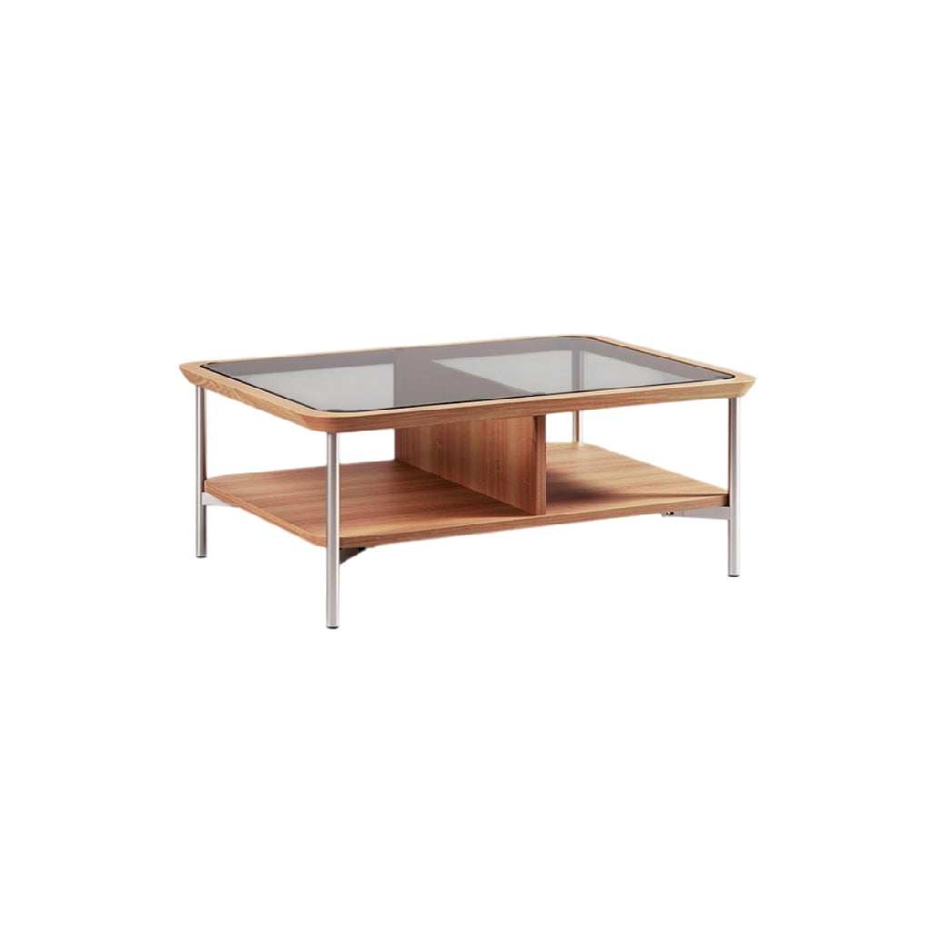 **Table basse en bois et verre avec étagère intégrée**