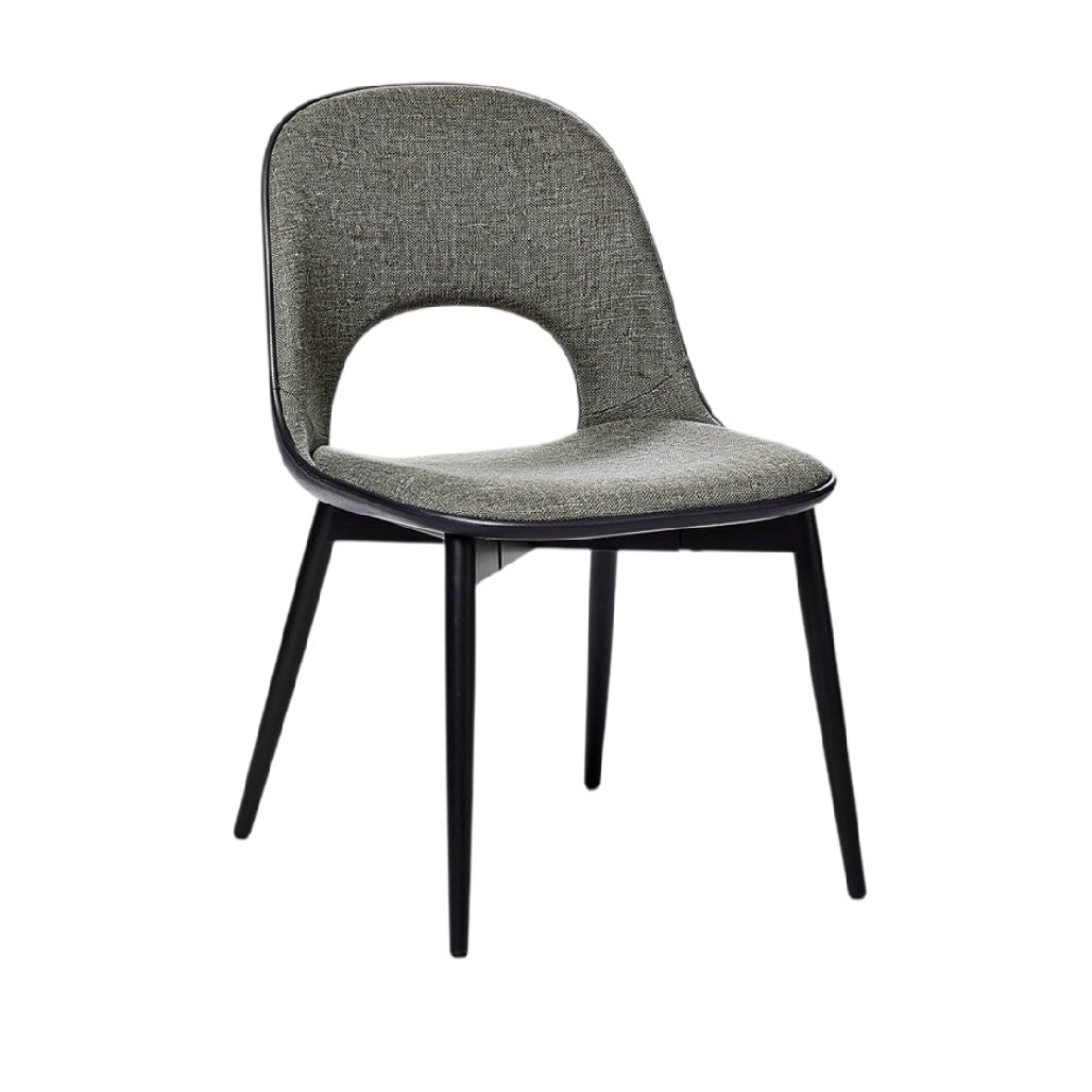 **Chaise moderne en tissu gris avec structure en métal noir**