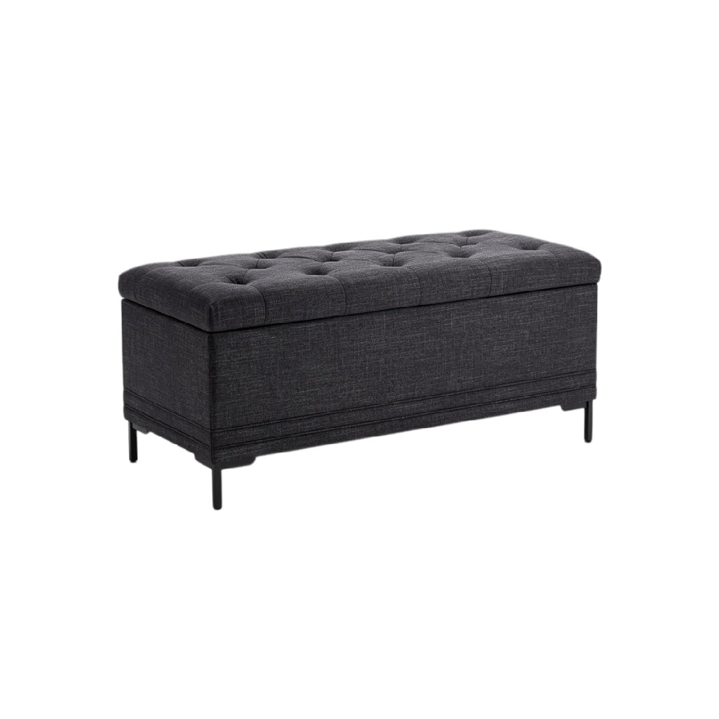 **Banc de rangement en tissu gris avec coutures boutonnées et pieds en métal**